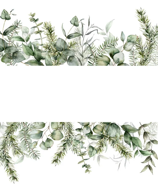 モミやユーカリの枝と水彩クリスマスバナー。白い背景に隔離された手描きの休日の植物。デザイン、プリント、ファブリックまたは背景のための花のイラスト. — ストック写真