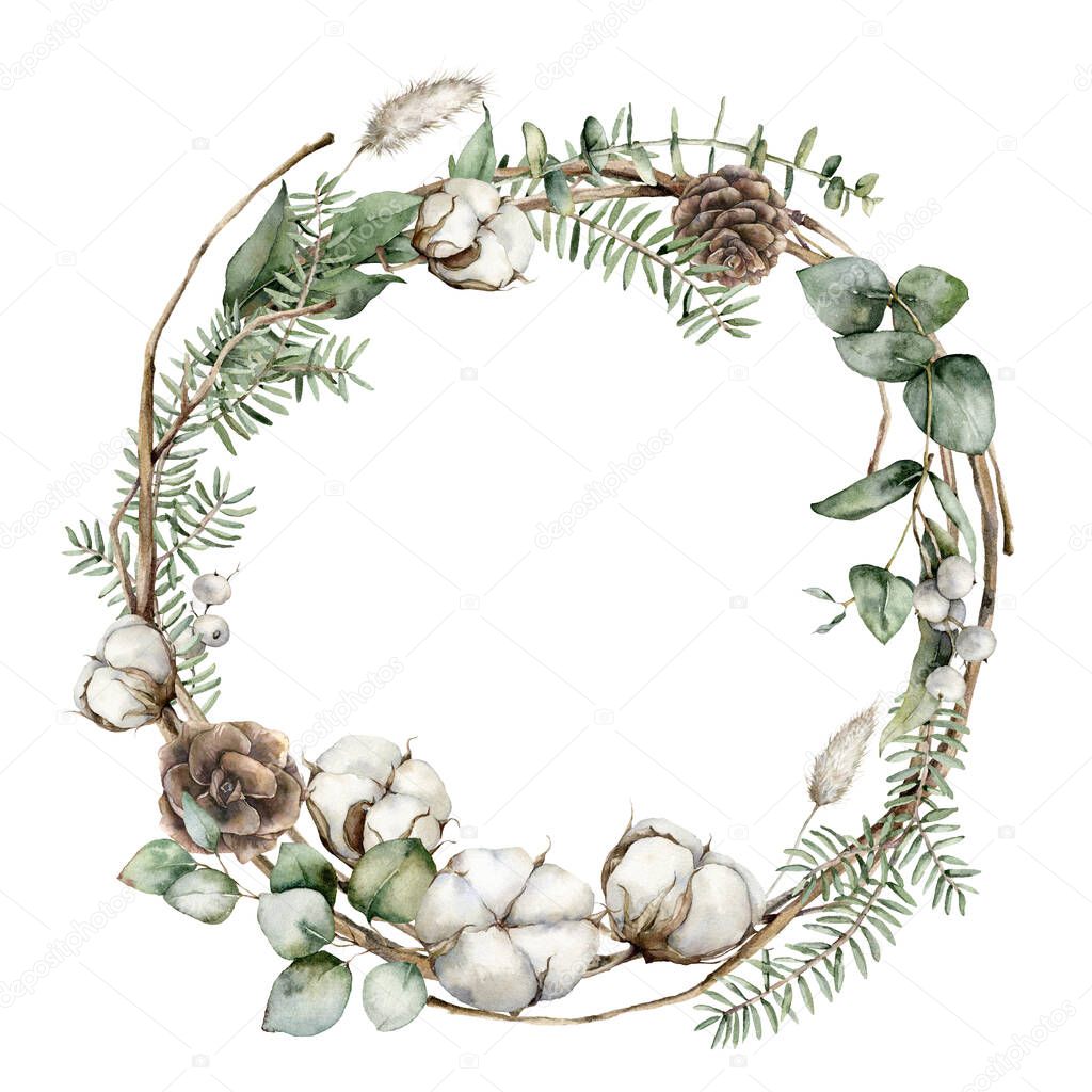 Watercolor Christmas wreath with fir branches, cotton and lagurus. Hand painted holiday frame with plants isolated on white background. Floral illustration for design, print, fabric or background.