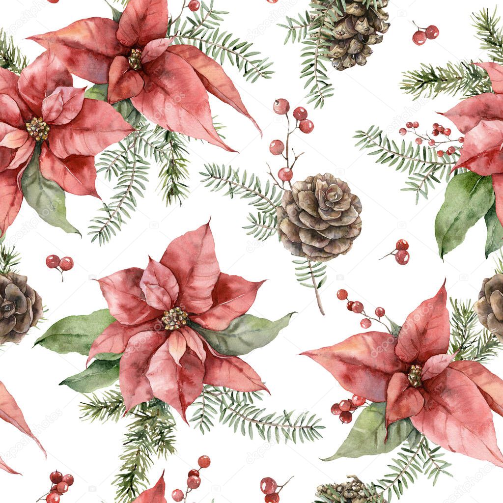 Watercolor Christmas seamless pattern with poinsettia, pine cone and fir branches. Hand painted holiday flowers isolated on white background. Illustration for design, print, fabric or background.