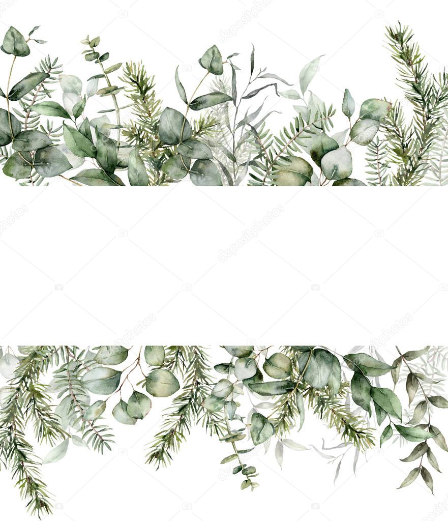 Watercolor Christmas banner with fir and eucalyptus branches. Hand painted holiday plants isolated on white background. Floral illustration for design, print, fabric or background.