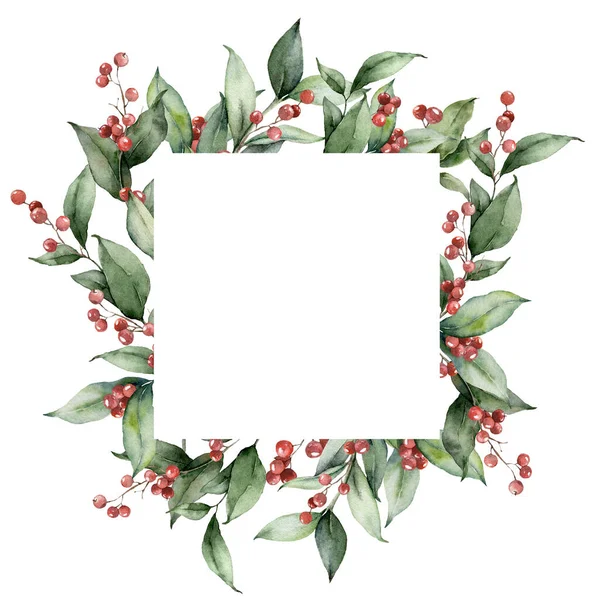 Marco de Navidad acuarela con ramas y bayas rojas. Tarjeta de vacaciones pintada a mano con plantas aisladas sobre fondo blanco. Ilustración floral para diseño, impresión, tela o fondo. — Foto de Stock