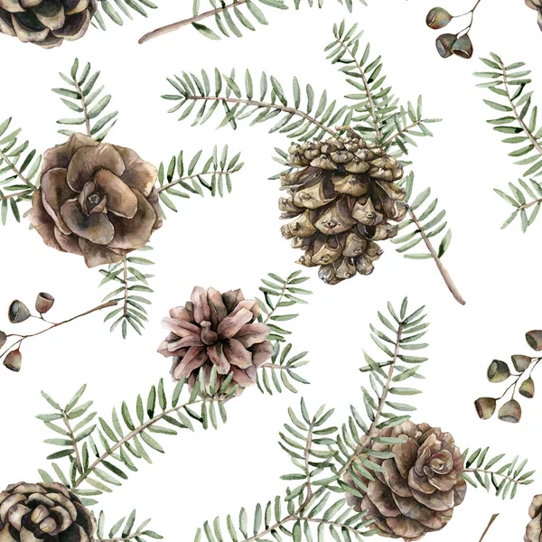 Padrão sem costura de Natal aquarela com ramos de abeto e cones de pinheiro. Arte de férias pintada à mão com plantas isoladas em fundo branco. Ilustração floral para desenho, impressão, tecido ou fundo. — Fotografia de Stock