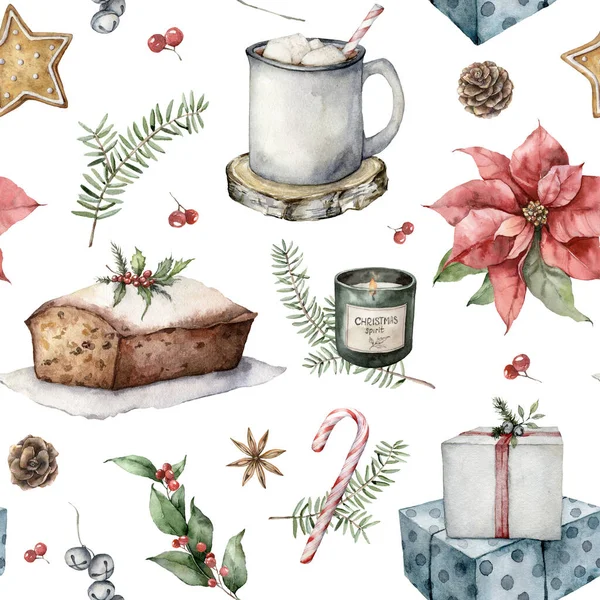 Aquarel winter naadloos patroon met kerst symbolen. Met de hand geschilderde vakantie-objecten geïsoleerd op witte achtergrond. Illustratie voor ontwerp, bedrukking, stof of achtergrond. — Stockfoto