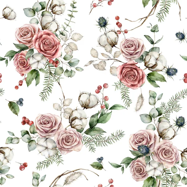 Akwarela Christmas bezszwowy wzór kwiatów z różowymi różami, bawełną, niebieskim ostem i lunarią. Ręcznie malowane rośliny izolowane na białym tle. Ilustracja projektu, druku lub tła. — Zdjęcie stockowe