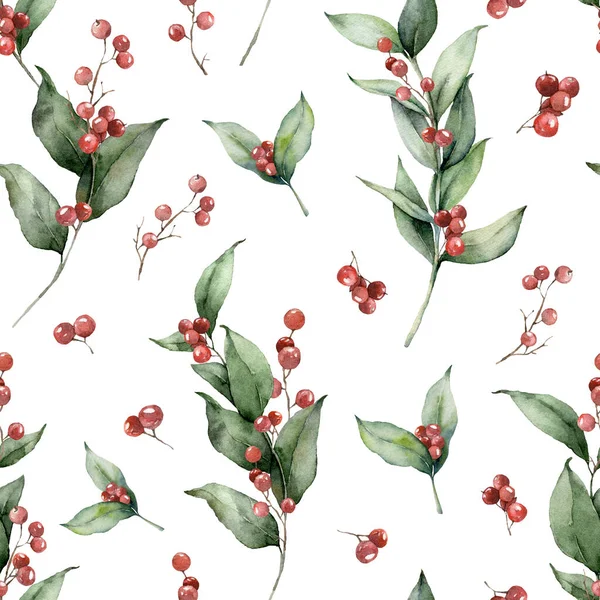 枝や赤い果実と水彩クリスマスシームレスパターン。白い背景に隔離された手描きの休日の緑。デザイン、プリント、ファブリックまたは背景のための花のイラスト. — ストック写真