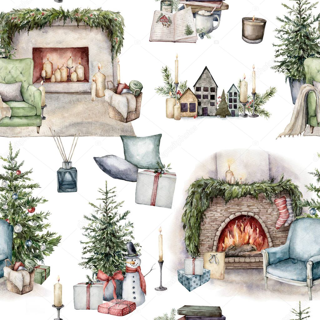 Watercolor winter seamless pattern with Christmas interior objects. Hand painted holiday items isolated on white background. Illustration for design, print, fabric or background.
