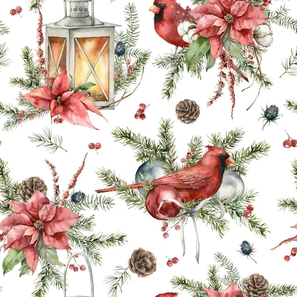 Watercolor Christmas seamless pattern of cardinal bird, lantern, poinsettia and fir branches. Hand painted holiday illustration isolated on white background. For design, print, fabric or background. — Foto de Stock