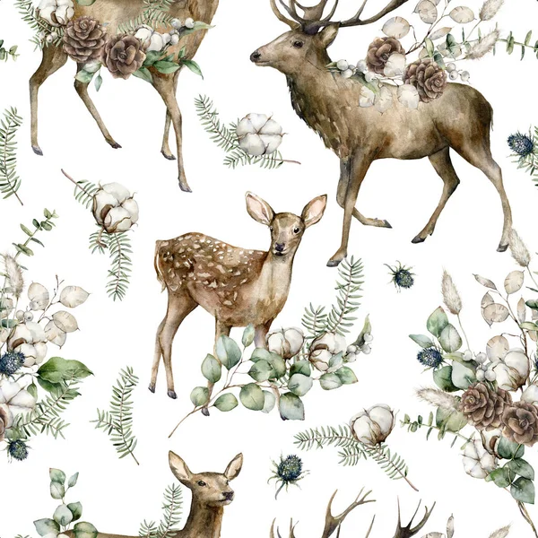 Watercolor Christmas seamless pattern of deers, eucalyptus, fir branches, blue Thistle and cotton. Hand painted holiday illustration isolated on white background. For design, print or background. —  Fotos de Stock