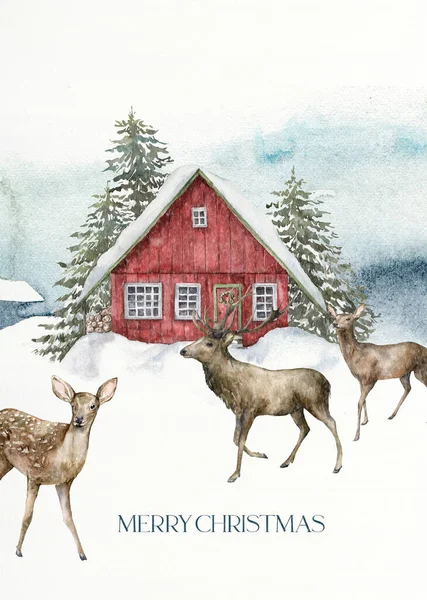 Carte de Noël aquarelle de maison rouge et cerfs dans la forêt d'hiver. Illustration peinte à la main avec sapins et neige isolés sur fond blanc. Carte de vacances pour la conception, impression, tissu, fond. — Photo
