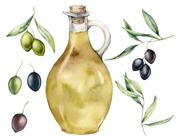 Aquarel keukenset van zwarte en groene olijven, takken en fles met olie. Met de hand geschilderde illustratie met olijftakken en bladeren geïsoleerd op witte achtergrond. Voor ontwerp, bedrukking en stof. — Stockfoto