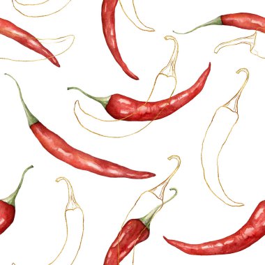 Watercolor seamless pattern of linear chilli. Hand painted gold peppers isolated on white background. Autumn harvest festival. Botanical illustration for design, print or background.