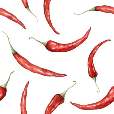 Watercolor chilli seamless pattern. Hand painted peppers isolated on white background. Autumn harvest festival. Botanical illustration for design, print or background.