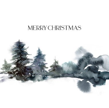 Watercolor Christmas minimalistic card of forest and snow. Hand painted abstract fir trees illustrations isolated on white background. Holiday illustration for design, print, fabric or background.