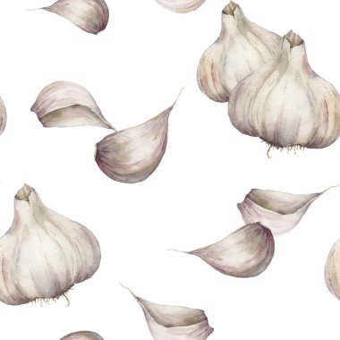 Watercolor garlic seamless pattern. Hand painted food isolated on white background. Autumn harvest festival. Botanical illustration for design, print or background.