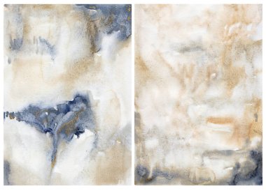 Watercolor abstract background with blue, gold, beige and yelllow spots. Hand painted pastel illustration isolated on white background. For design, print, fabric or background.
