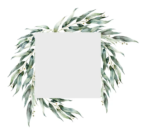 Aquarell begrünter Rahmen mit blühenden Eukalyptuszweigen. handbemalte Urlaubspflanzen isoliert auf weißem Hintergrund. Pflanzen Illustration für Design, Druck, Stoff oder Hintergrund. Weihnachtskarte. — Stockfoto