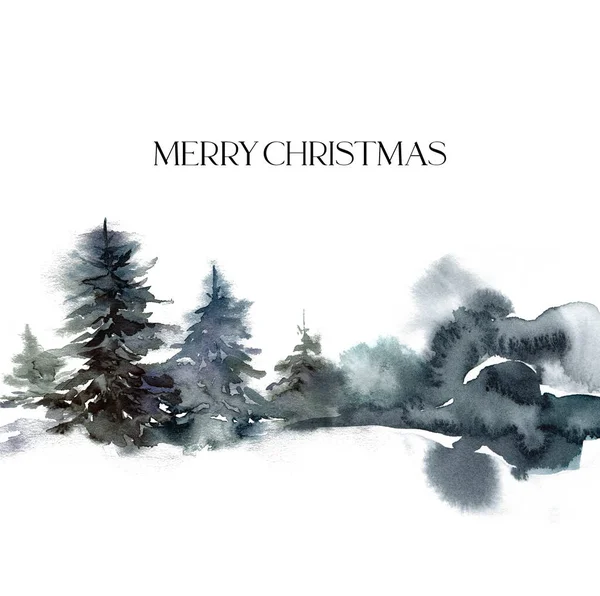Watercolor Christmas minimalistic card of forest and snow. Hand painted abstract fir trees illustrations isolated on white background. Holiday illustration for design, print, fabric or background. — Stockfoto