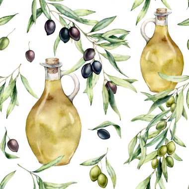 Suluboya mutfak dikişsiz zeytin deseni ve yağlı bir şişe. Beyaz arka planda izole edilmiş zeytin dalları ve yapraklarla elle boyanmış illüstrasyon. Tasarım, baskı ve kumaş için.