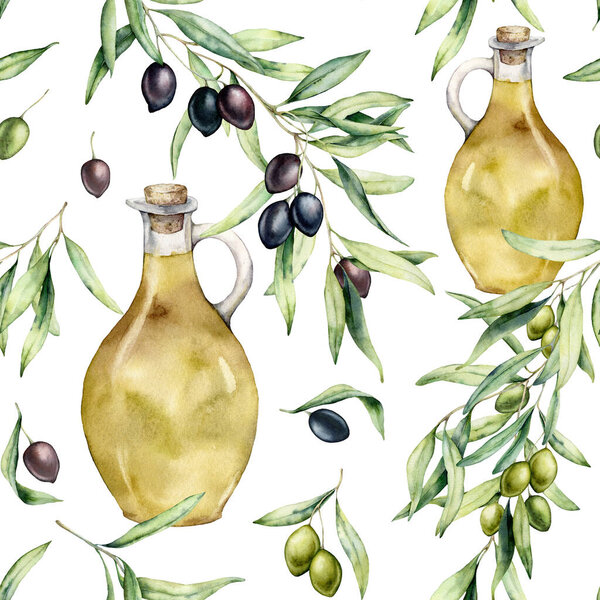 Watercolor kitchen seamless pattern of olives and bottle with oil. Hand painted illustration with olive branches and leaves isolated on white background. For design, print and fabric.