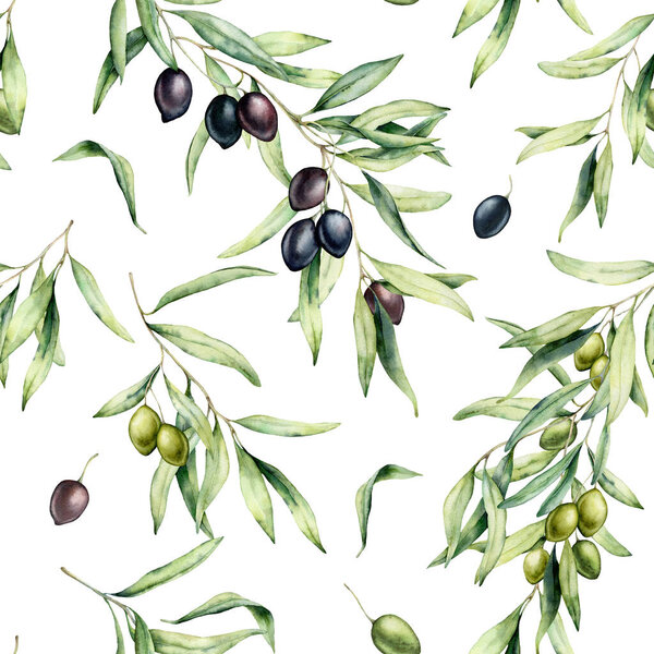 Watercolor kitchen seamless pattern of green and black olives. Hand painted illustration with olive branches and leaves isolated on white background. For design, print and fabric.