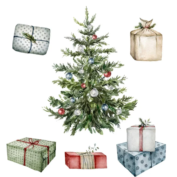 Akvarell téli készlet karácsonyfa, ajándékdobozok és játékok. Kézzel festett szilveszteri fa karácsonyi labda elszigetelt fehér háttér. Ünnepi illusztráció tervezés, nyomtatás, szövet, háttér. — Stock Fotó