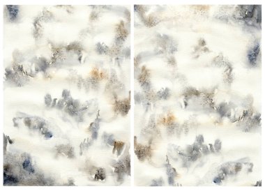 Koyu mavi, altın ve beyaz lekeli suluboya arkaplan. Beyaz arkaplanda el yapımı pastel çizimler var. Tasarım, baskı, kumaş veya arkaplan için.