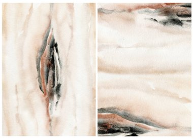 Siyah, pembe ve bej benekli suluboya arkaplan. Beyaz arkaplanda el yapımı pastel çizimler var. Tasarım, baskı, kumaş veya arkaplan için.