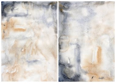 Koyu mavi ve bej benekli suluboya arkaplan. Beyaz arkaplanda el yapımı pastel çizimler var. Tasarım, baskı, kumaş veya arkaplan için.