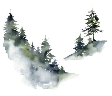 Yeşil orman ve kardan oluşan suluboya kış minimalist kartı. Beyaz arka planda izole edilmiş elle boyanmış köknar ağaçları. Tasarım, baskı, kumaş veya arkaplan için tatil illüstrasyonu.