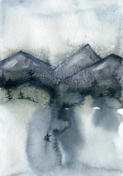Akwarela zimowa minimalistyczna karta górska, drzew i śniegu. Ręcznie malowane abstrakcyjne tło na zewnątrz. Ilustracja natury do projektowania, drukowania, tkaniny lub tła. — Zdjęcie stockowe