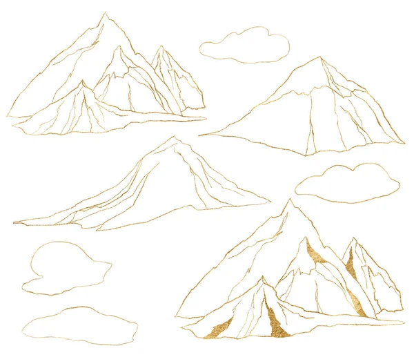 Watercolor gold linear set of mountains and clouds. Hand painted minimalistic illustrations isolated on white background. For design, print, fabric or background. — Stock Photo, Image