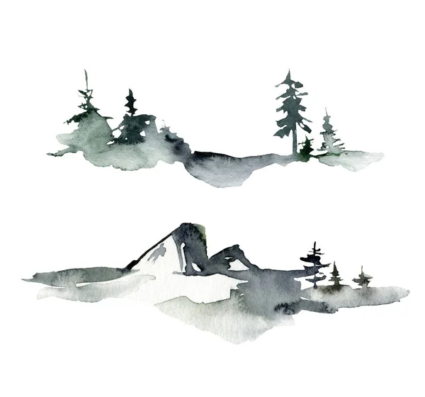 Aquarel winter minimalistisch landschap van sneeuw, bomen en bergen. Handgeschilderde abstracte dennenbomen illustraties geïsoleerd op witte achtergrond. Voor ontwerp, bedrukking, stof of ondergrond. — Stockfoto