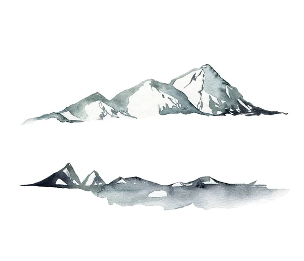 Aquarel winter minimalistische kaart van sneeuw en bergen. Handgeschilderde abstracte dennenbomen illustraties geïsoleerd op witte achtergrond. Vakantie illustratie voor ontwerp, print, stof of achtergrond. — Stockfoto