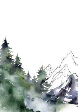 Suluboya minimalist kar, orman ve dağ manzarası. El yapımı soyut kış köknarı ve çam ağaçları. Beyaz arka planda izole edilmiş resimler. Tasarım, baskı, kumaş veya arkaplan için.