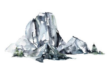 Dağların ve ormanın suluboya manzarası. El yapımı soyut kış köknarı ve çam ağaçları. Beyaz arka planda izole edilmiş minimalist çizimler. Tasarım, baskı, kumaş veya arkaplan için.