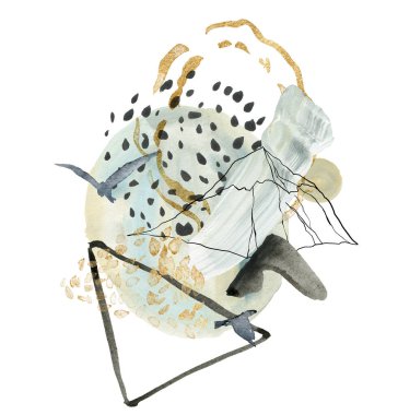 Suluboya ve guaj, dağların, ayın ve kuşların soyut manzarası. Elle boyanmış minimalist dağlar ve gökyüzü. Beyaz arka planda izole edilmiş resimler. Tasarım, baskı, kumaş veya arkaplan için.