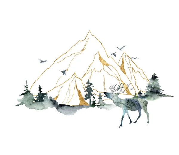 水彩画,森林,高山和鹿群的简约景观.手绘抽象山和金线山.在白色背景上孤立的图例。设计、印刷、面料或背景. — 图库照片