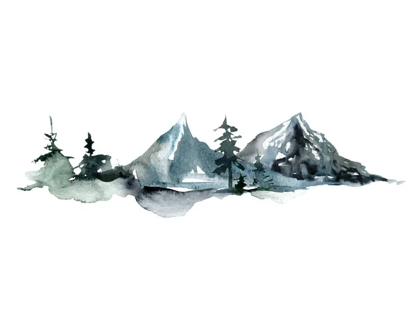 森林や山の水彩画の風景。手で抽象的な冬のモミや松の木を描いた。白を基調としたミニマルなイラスト。デザイン、プリント、ファブリックまたは背景のために. — ストック写真