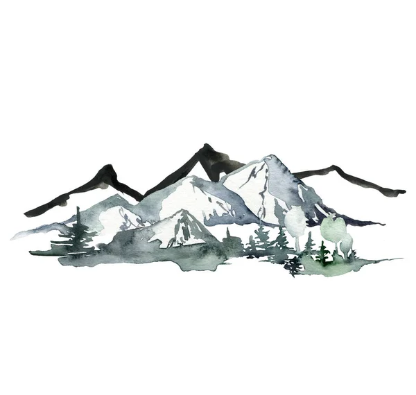 山や森の水の色とインクの風景。手で抽象的な冬のモミや松の木を描いた。白を基調としたミニマルなイラスト。デザイン、プリント、ファブリックまたは背景のために. — ストック写真