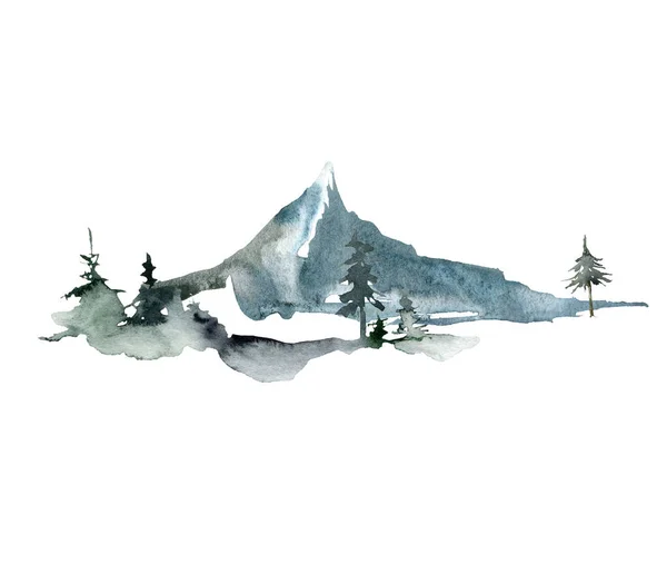 森と一つの山の水彩画の風景。手で抽象的な冬のモミや松の木を描いた。白を基調としたミニマルなイラスト。デザイン、プリント、ファブリックまたは背景のために. — ストック写真