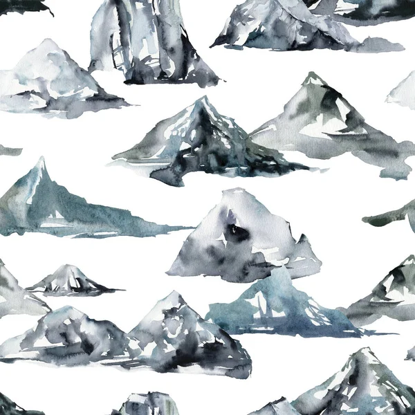 Aquarel winter naadloos patroon van sneeuw en bergen. Met de hand geschilderde abstracte illustraties geïsoleerd op witte achtergrond. Minimalistische illustratie voor ontwerp, bedrukking, stof of achtergrond. — Stockfoto