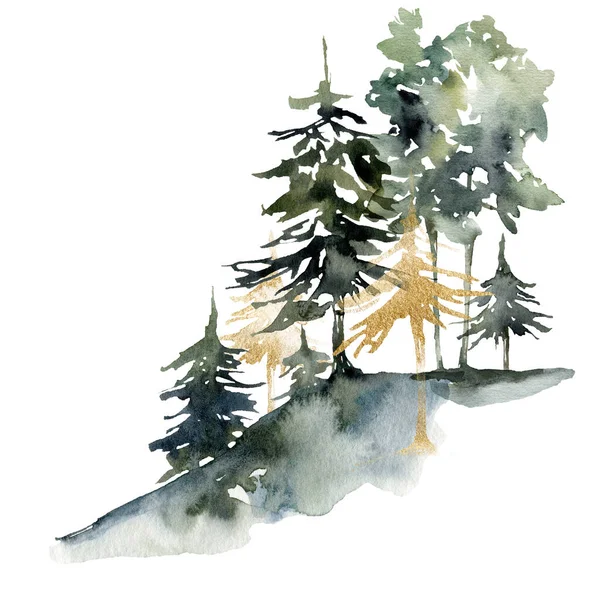 Akvarell natur kort abstrakt grönt och guld träd. Handmålade grönska illustration isolerad på vit bakgrund. För design, tryck, tyg eller bakgrund. — Stockfoto