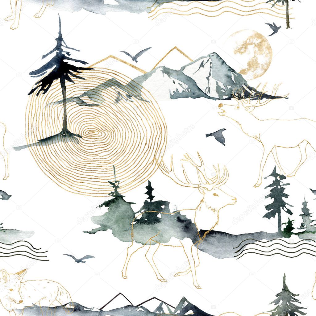 Watercolor seamless pattern of forest, mountains, deers and birds. Hand painted abstract and gold linear illustrations isolated on white background. For design, print, fabric or background.
