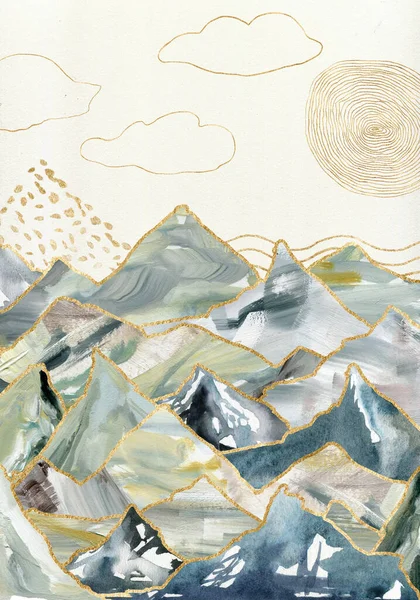 山水,阳光,天空和云彩的水彩画和水彩画.手工绘制的抽象和黄金山的插图孤立在白色的背景上.设计、印刷、面料或背景. — 图库照片