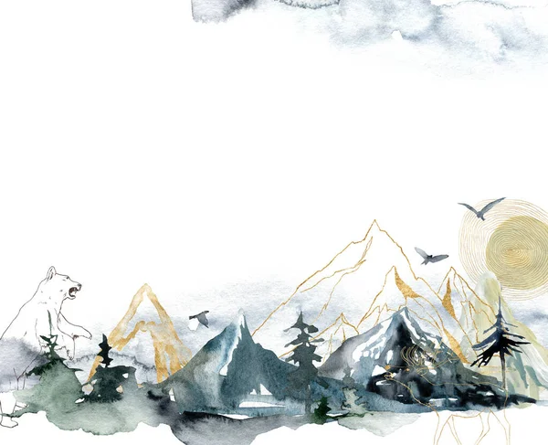 水彩斑斓的森林,高山,熊和鸟的无缝图案.手绘抽象的金色线形插图,独立在白色背景上.设计、印刷、面料或背景. — 图库照片