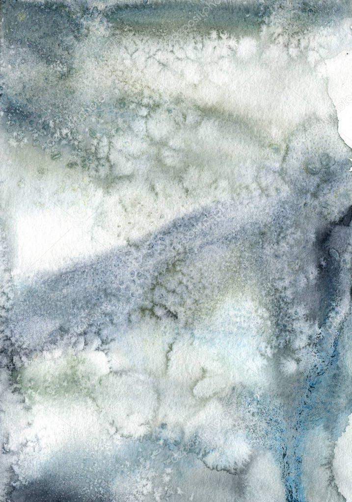 Watercolor abstract card of dark blue spots. Hand painted art in minimalistic style. Winter fantasy. Holiday background for design, print or fabric.