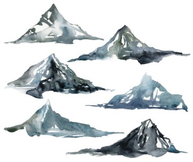 Suluboya kış dağları ve kar seti. Beyaz arka planda elle boyanmış soyut çizimler. Tasarım, baskı, kumaş veya arkaplan için minimalist illüstrasyon.
