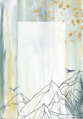 Suluboya ve gouache manzara, dağlar, gökyüzü ve kuşlar. Beyaz arka planda izole edilmiş el yapımı minimalist çizimler. Tasarım, baskı, kumaş veya arkaplan için.