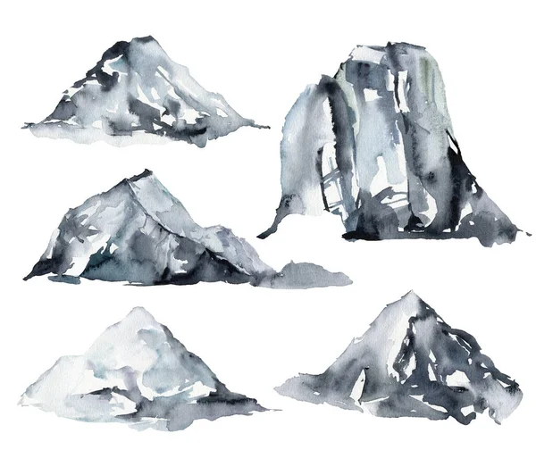 Acuarela invierno conjunto de nieve y montañas. Ilustraciones abstractas pintadas a mano aisladas sobre fondo blanco. Ilustración minimalista para diseño, impresión, tela o fondo. —  Fotos de Stock