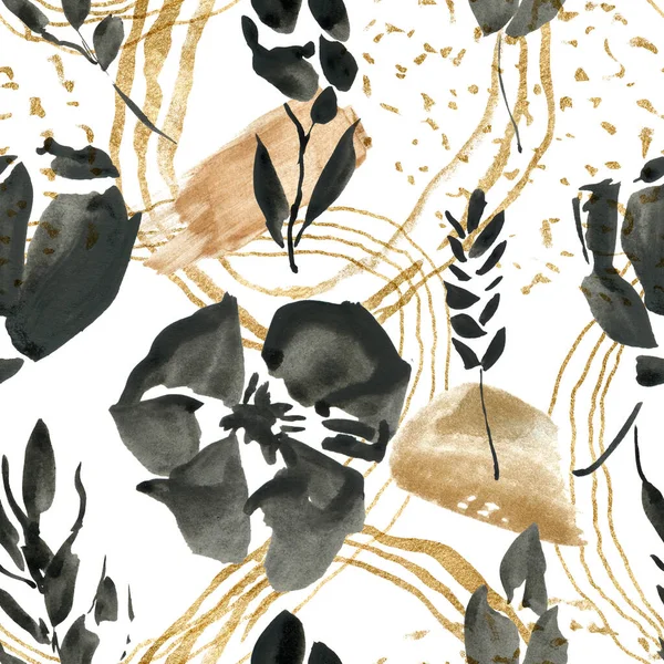 Watercolor floral seamless pattern of abstract black flowers and beige spots. Hand painted minimalistic illustration isolated on white background. For design, print, fabric or background. — Stock Photo, Image